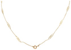 Geelgouden Art Nouveau collier met "infinity" symbool in de schakels en hanger met maretak.