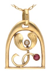 Geelgouden Art Nouveau collier met "infinity" symbool in de schakels en hanger met maretak.