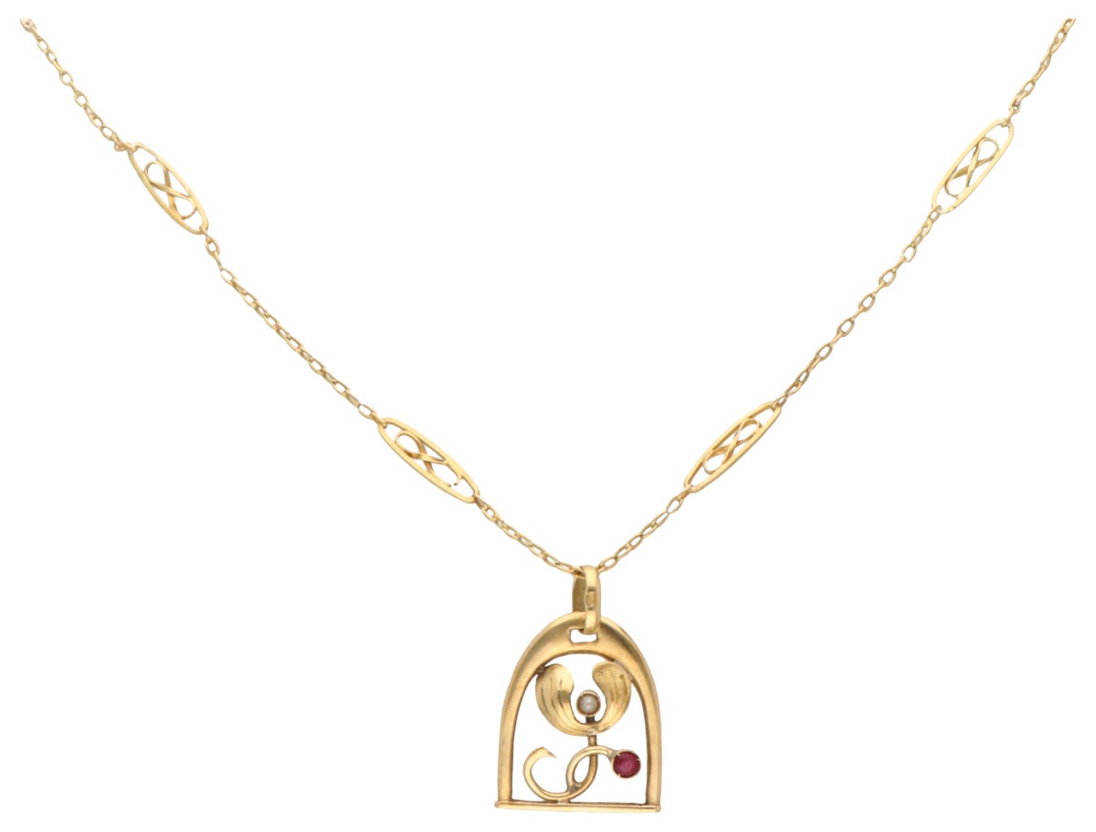 Geelgouden Art Nouveau collier met "infinity" symbool in de schakels en hanger met maretak.