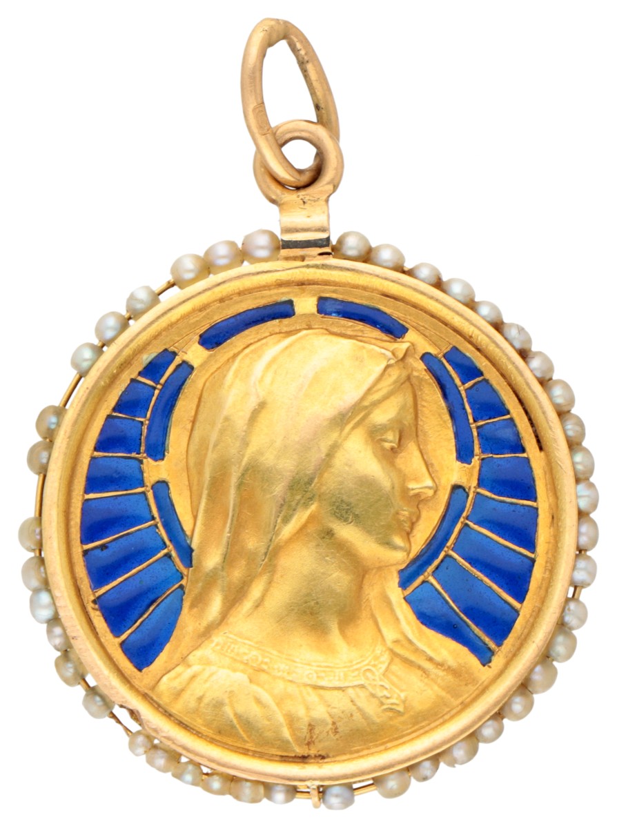 14K Geelgouden Franse doop hanger met plique-à-jour emaille en zaadparels.
