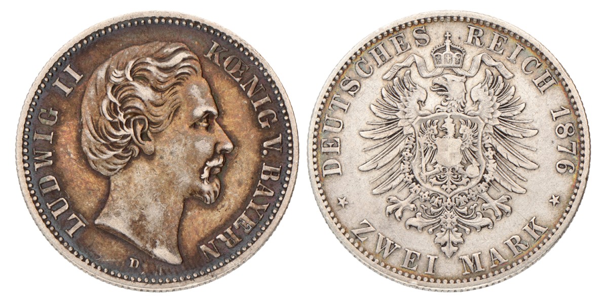 German states. Bavaria. Ludwig II. 2 Mark. 1876 D.