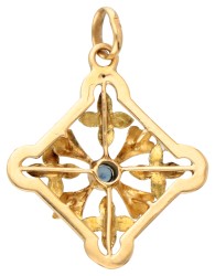 Art Nouveau opengewerkte 14K geelgouden hanger met blauwe steen.