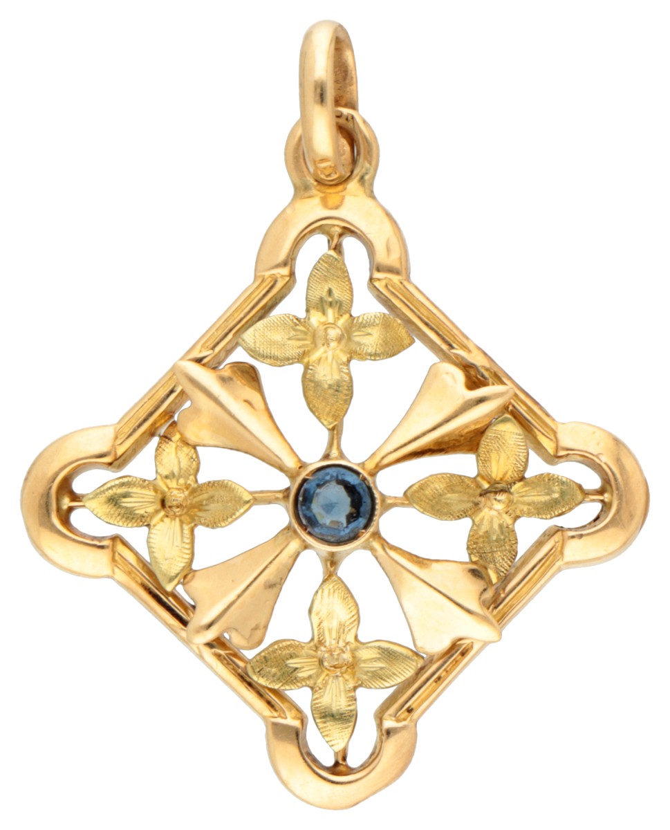 Art Nouveau opengewerkte 14K geelgouden hanger met blauwe steen.