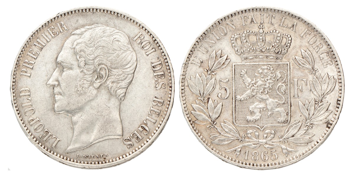 Belgium. Leopold I. 5 Francs. 1865.