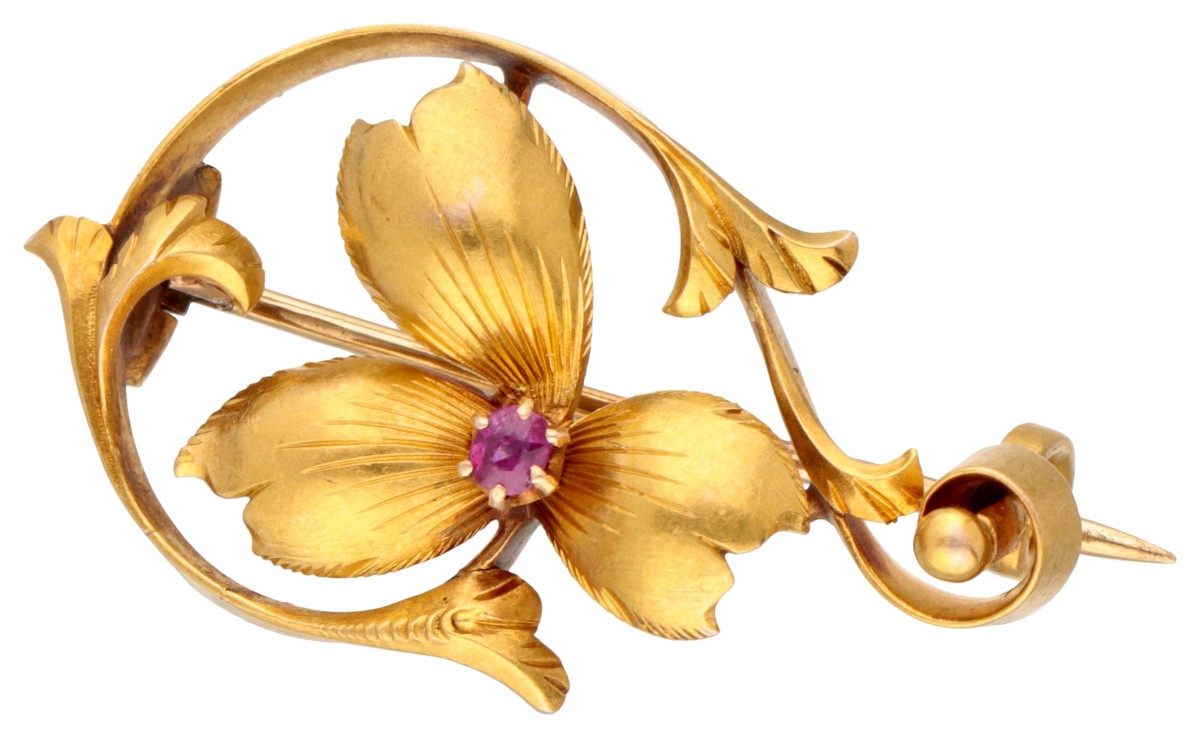 Art Nouveau 14K geelgouden broche met saffier.