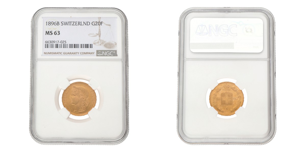 Switzerland. 20 Francs. 1896 B.