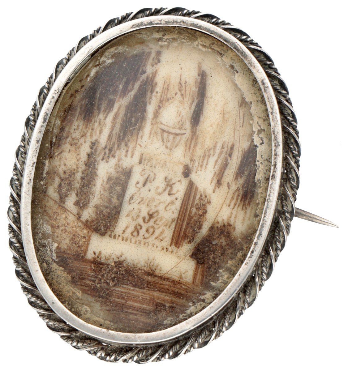 Antieke zilveren herinneringsbroche met haar gedateerd 1894.