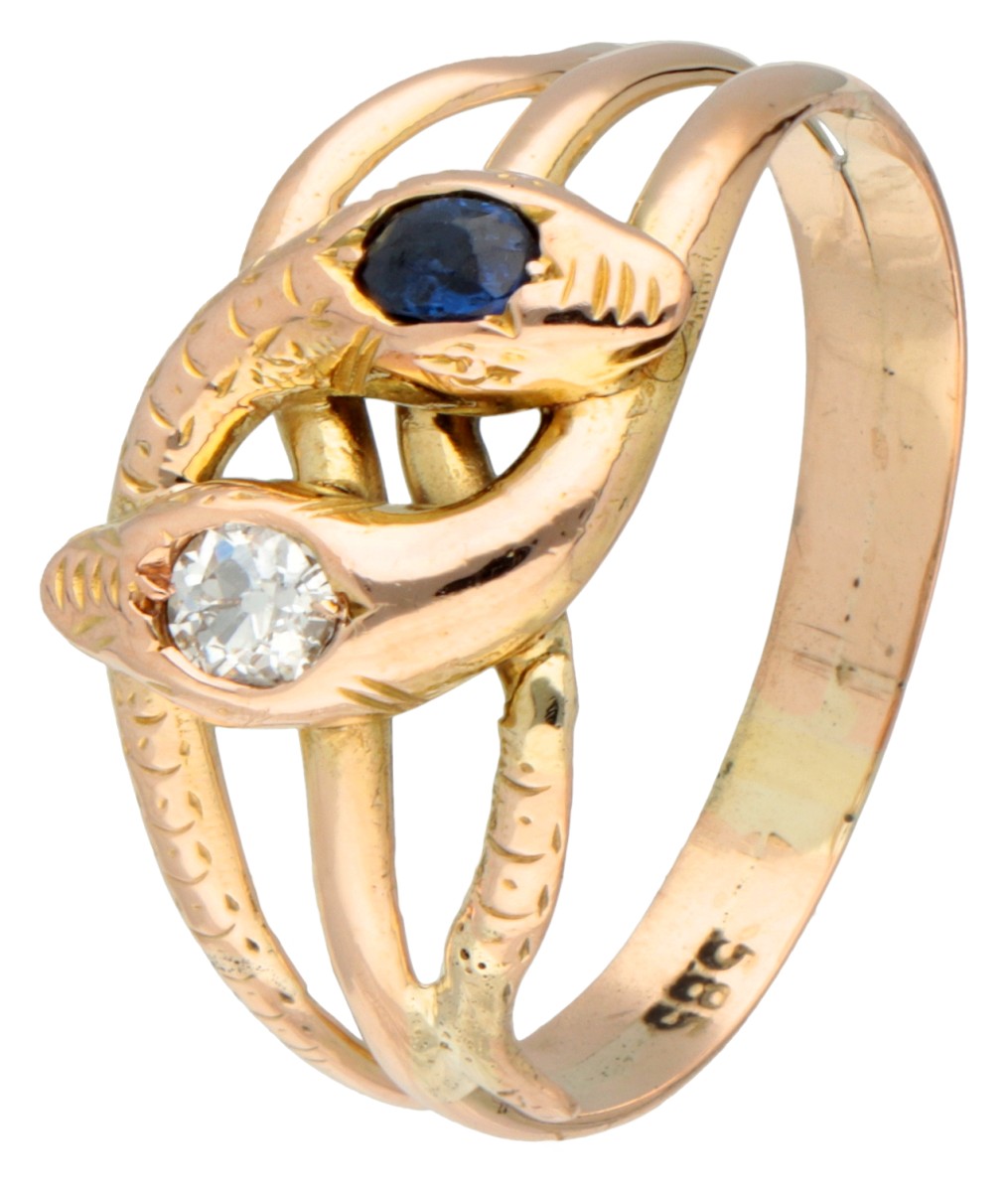 BWG geelgouden dubbele slangenring met diamant en natuurlijk saffier