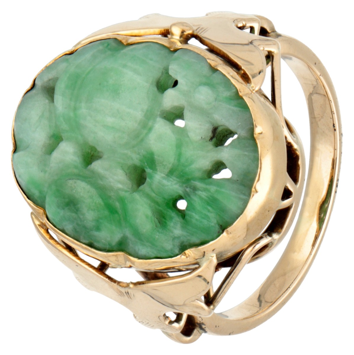 Vintage 14K geelgouden ring bezet met gesneden gebeitste kwarts met bloemmotief.