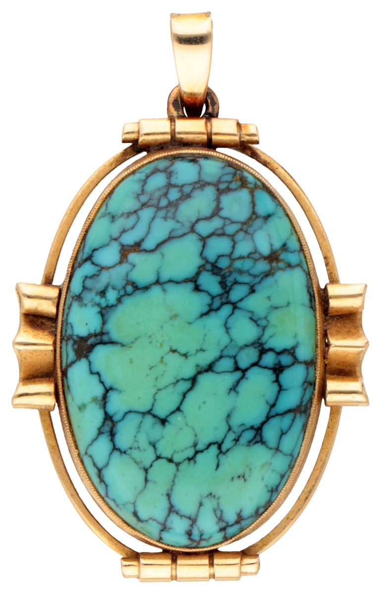 14K Geelgouden vintage hanger bezet met turkoois-imitatie.