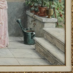 Otto Eerelman (Groningen 1836 - 1928),"In de Serre" -  Een jonge vrouw voert parkietjes  in een serre