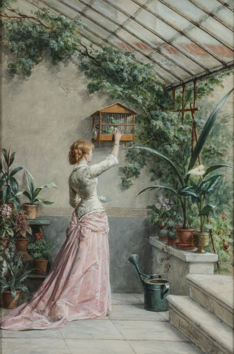 Otto Eerelman (Groningen 1836 - 1928),"In de Serre" -  Een jonge vrouw voert parkietjes  in een serre