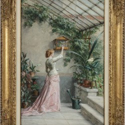 Otto Eerelman (Groningen 1836 - 1928),"In de Serre" -  Een jonge vrouw voert parkietjes  in een serre