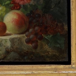 Hendrik Jan Hein (Kampen 1822 - 1866), Een jachtstilleven met fruit, een kruithoorn en kleinwild op een rots.