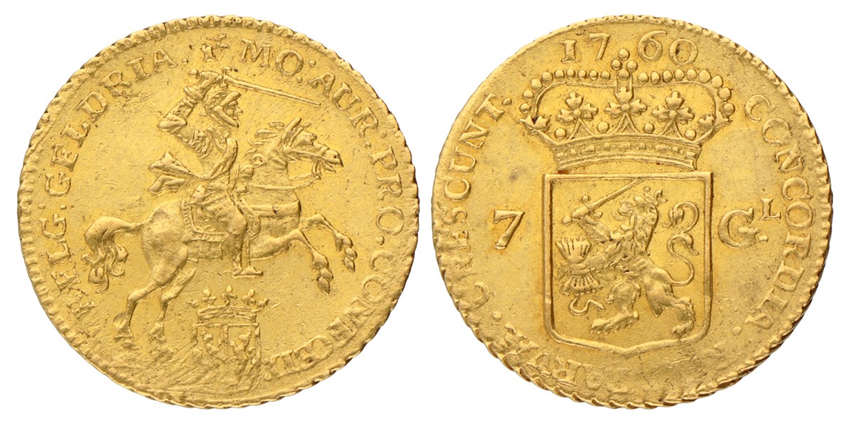 Halve gouden rijden van 7 gulden. Gelderland. 1760. Zeer Fraai / Prachtig.