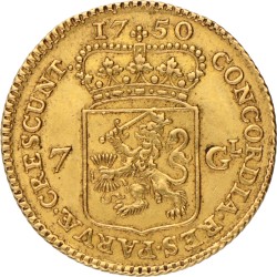 Halve gouden rijder van 7 gulden. Holland. 1750. Zeer Fraai +.