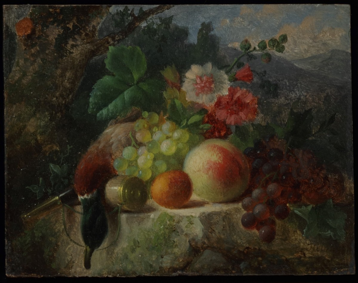 Hendrik Jan Hein (Kampen 1822 - 1866), Een jachtstilleven met fruit, een kruithoorn en kleinwild op een rots.