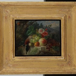 Hendrik Jan Hein (Kampen 1822 - 1866), Een jachtstilleven met fruit, een kruithoorn en kleinwild op een rots.