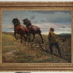 A.H. Gouwe (Alkmaar 1875 - 1965 Papeete-Tahiti), Een ploegende boer in een landschap.