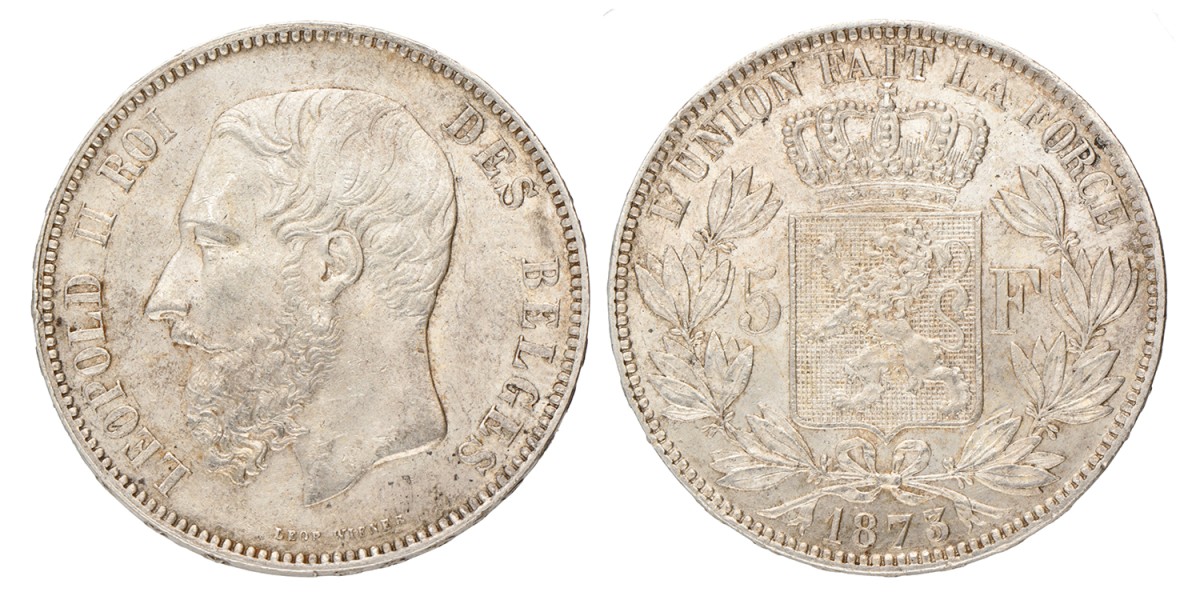 Belgium. Leopold II. 5 Francs. 1873.