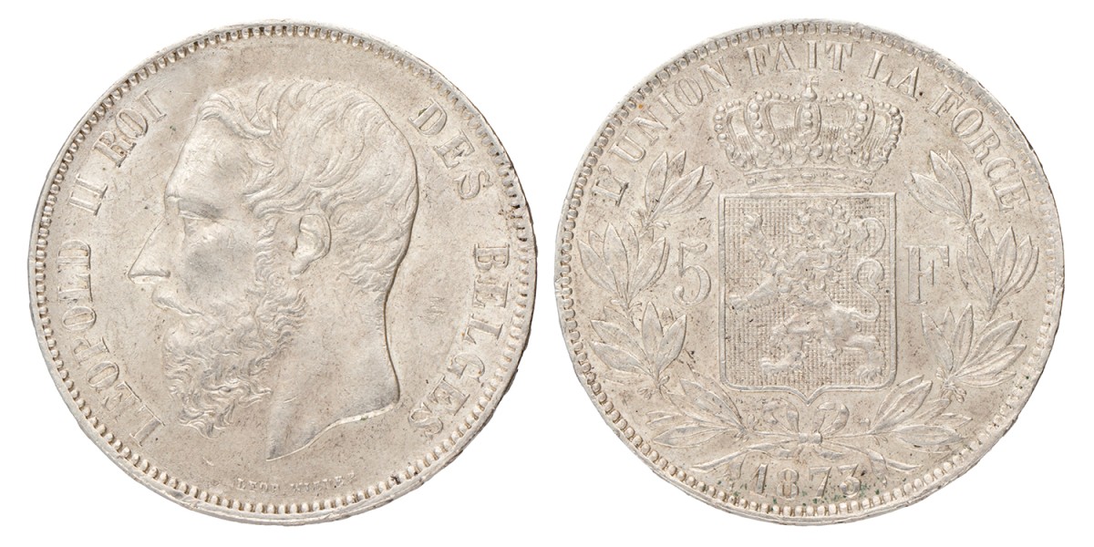 Belgium. Leopold II. 5 Francs. 1873.