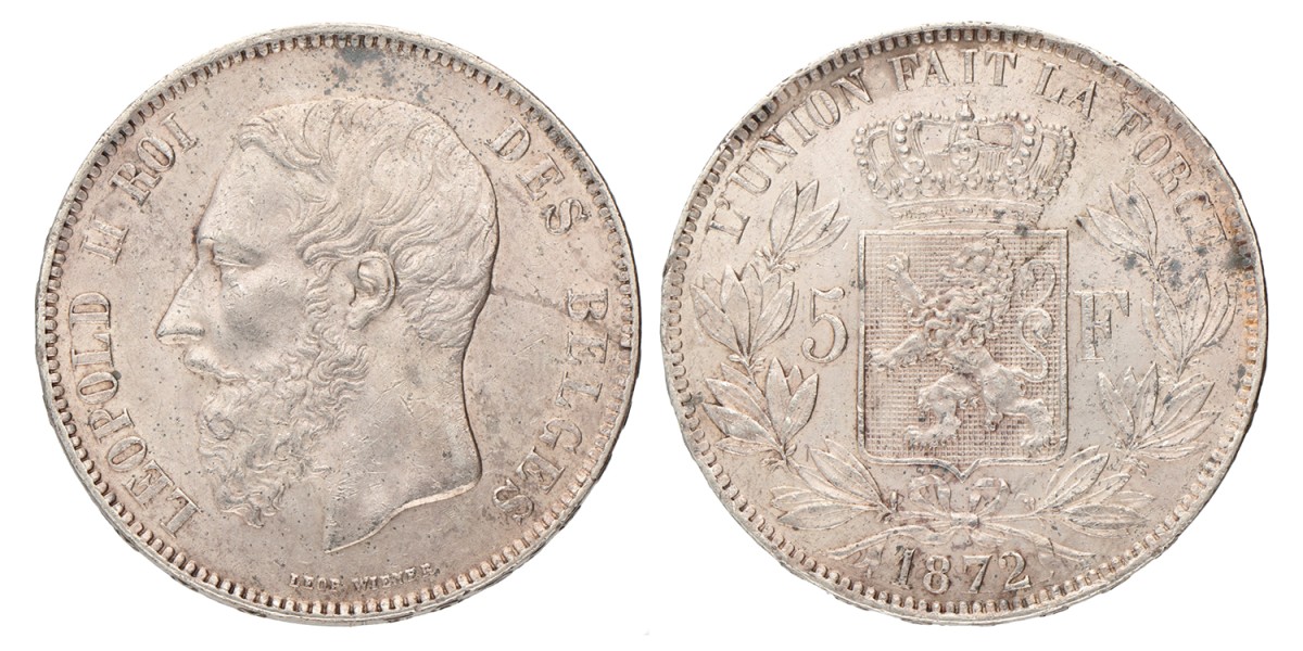 Belgium. Leopold II. 5 Francs. 1872.