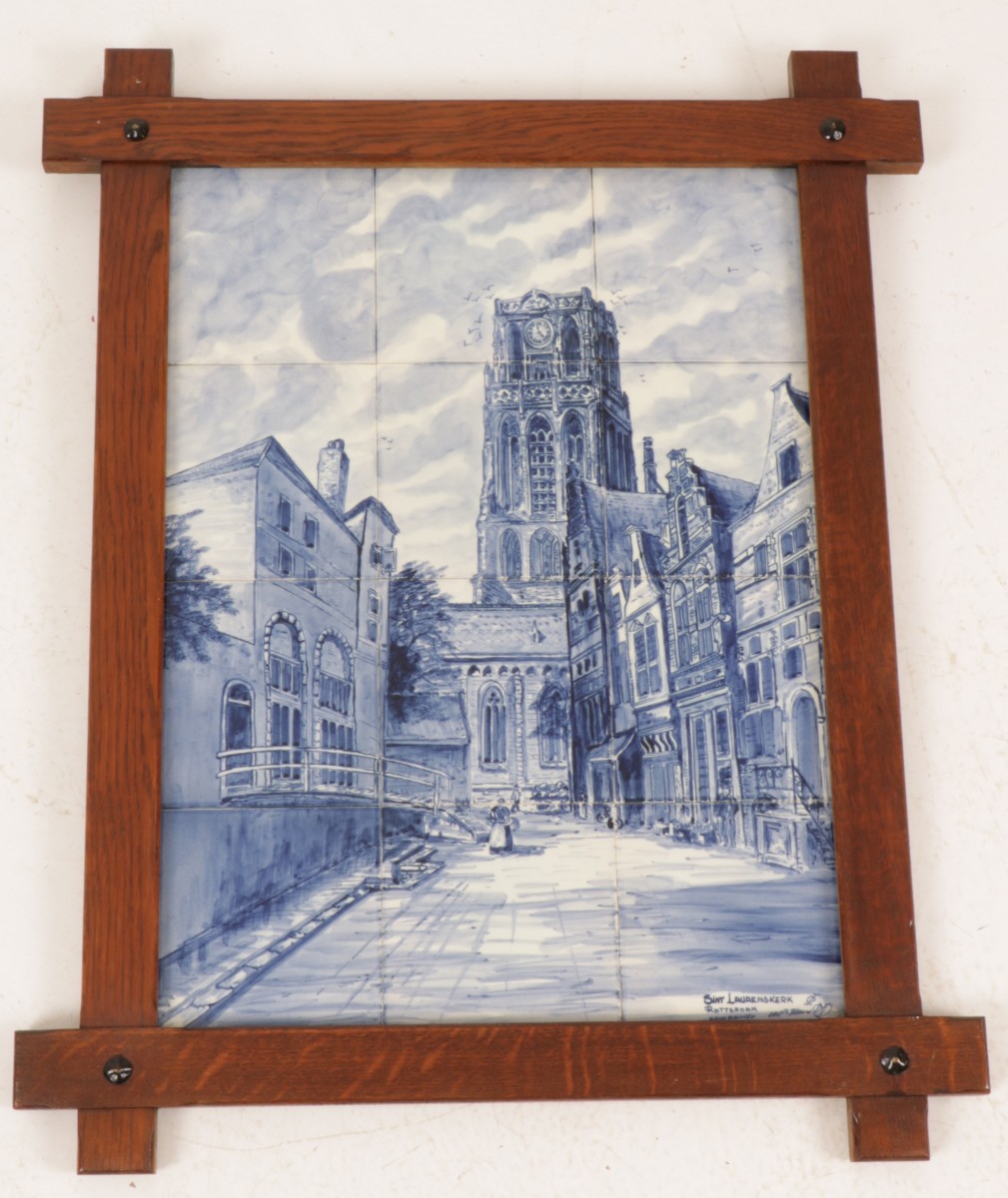 Groot tegel tableau met houten lijst "Sint Laurenskerk" Rotterdam