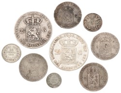 Lot (9) 10, 25 cent, 1 gulden en 2½ gulden. Willem II. 1846 - 1849. Gemiddeld Zeer Fraai.
