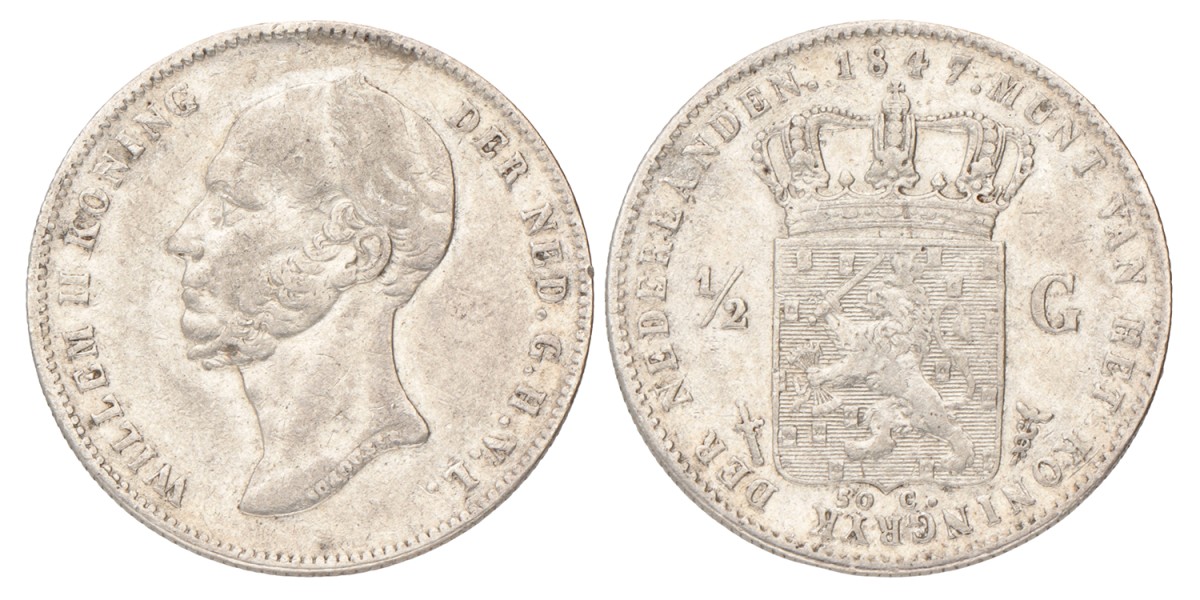 ½ Gulden. Willem II. 1847. Zeer Fraai.