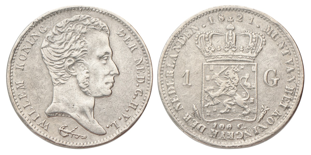 1 Gulden. Willem I. 1821 U. Zeer Fraai.