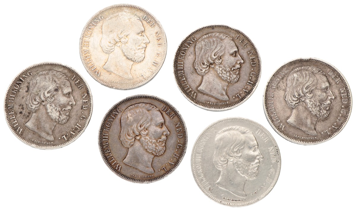 Lot (6) 2½ gulden. Willem III. 1854, 58, 69, 71, 72 and 74. VF - XF.