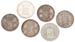 Lot (6) 2½ gulden. Willem III. 1854, 58, 69, 71, 72 and 74. VF - XF.