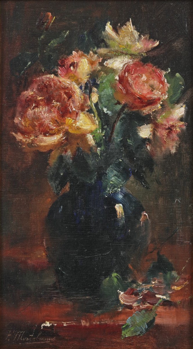 Frans Mortelmans (Antwerpen 1865 - 1936), Een stilleven van roosjes op een vaas.