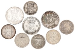 Lot (9) ½ en 1 gulden. Willem III. 1857, 58, 60, 63, 64, 65 en 68. Gemiddeld Zeer Fraai.