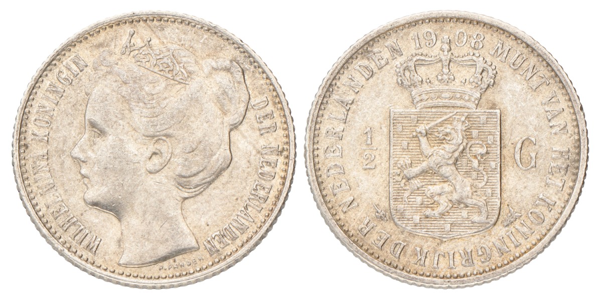 ½ Gulden. Wilhelmina. 1908. Prachtig -.