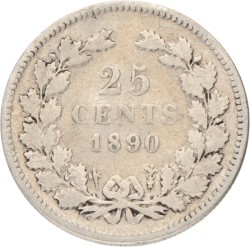 25 cent. Willem III. 1890 zonder punt. Fraai +.