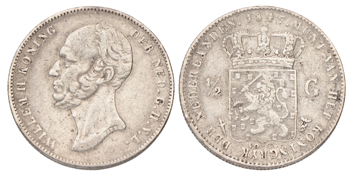 ½ Gulden. Willem II. 1847. Zeer Fraai +.