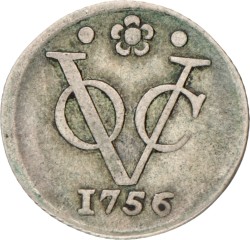 Halve Duit afslag in zilver. V.O.C. (Holland). 1756. Zeer Fraai.
