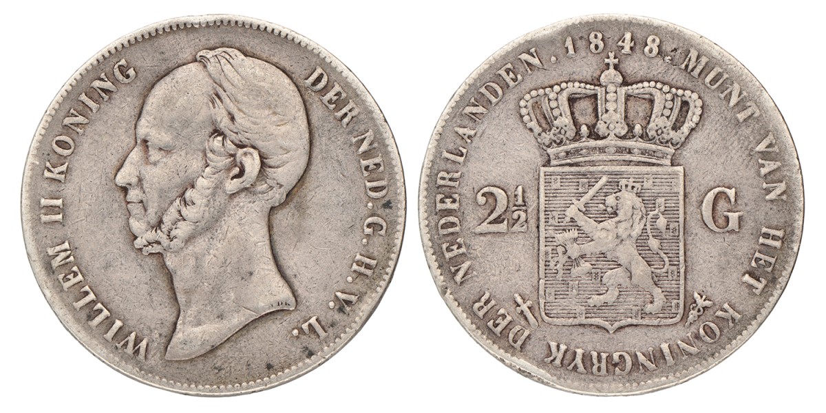 2½ Gulden. Willem II. 1848. Zeer Fraai +.