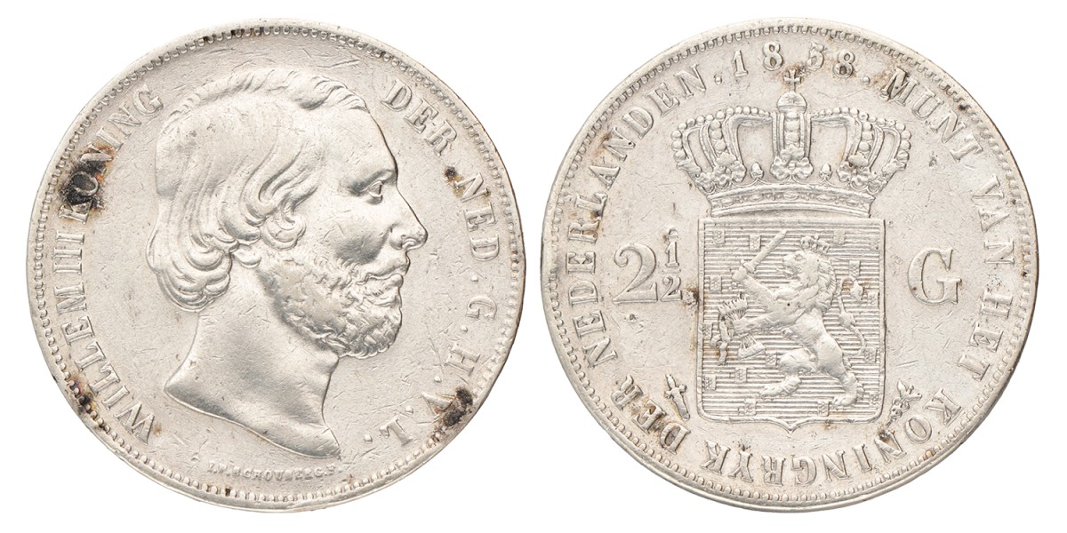 2½ Gulden. Willem III. 1858. Zeer Fraai / Prachtig.