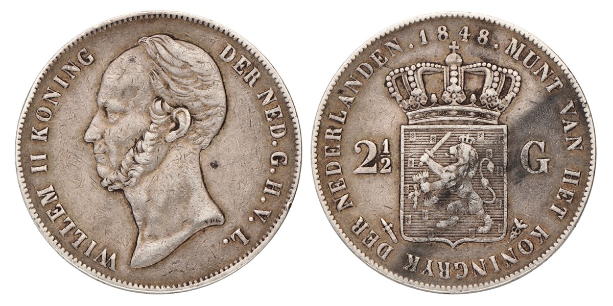 2½ Gulden. Willem II. 1848. Zeer Fraai +.