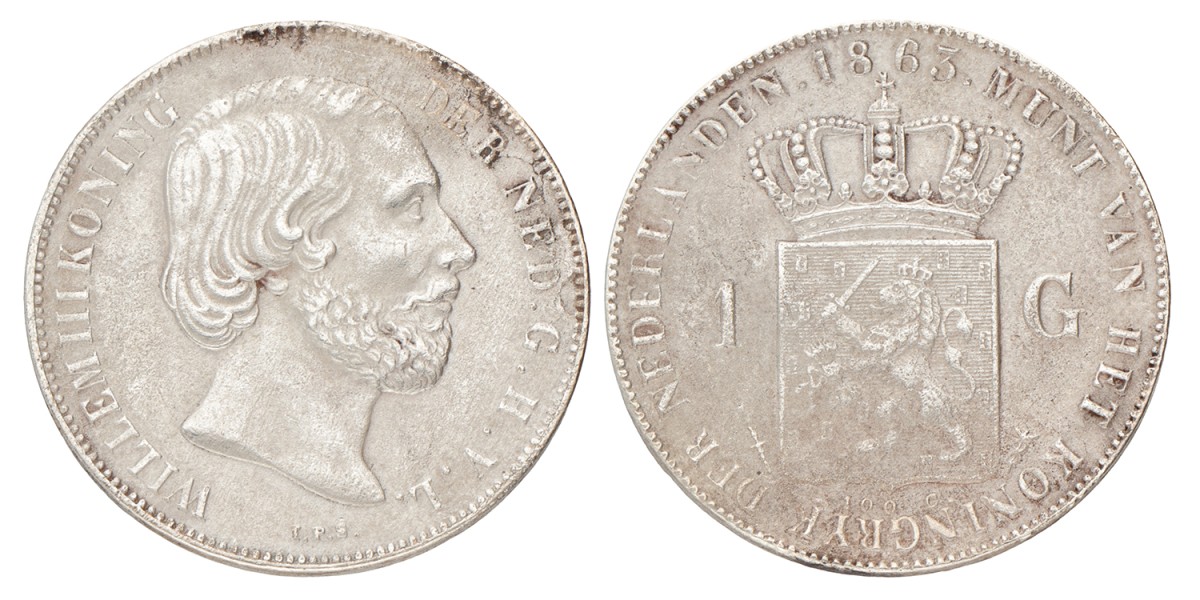 1 Gulden. Willem III. 1863. Zeer Fraai +.