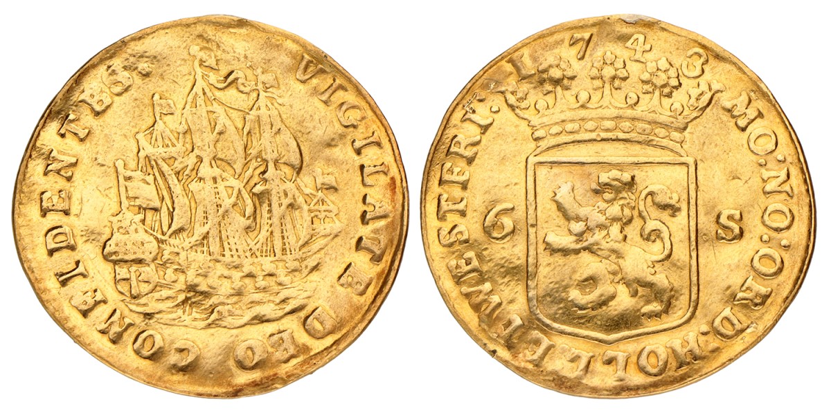Scheepjesschelling van 6 stuiver afslag in goud. Holland. 1743. Fraai +.