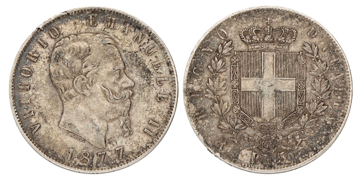 Italy. Kingdom. Vittorio Emanuelle II. 5 lire. 1877.