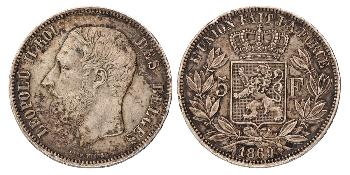 Belgium. Leopold II. 5 Francs. 1869.