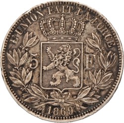 Belgium. Leopold II. 5 Francs. 1869.