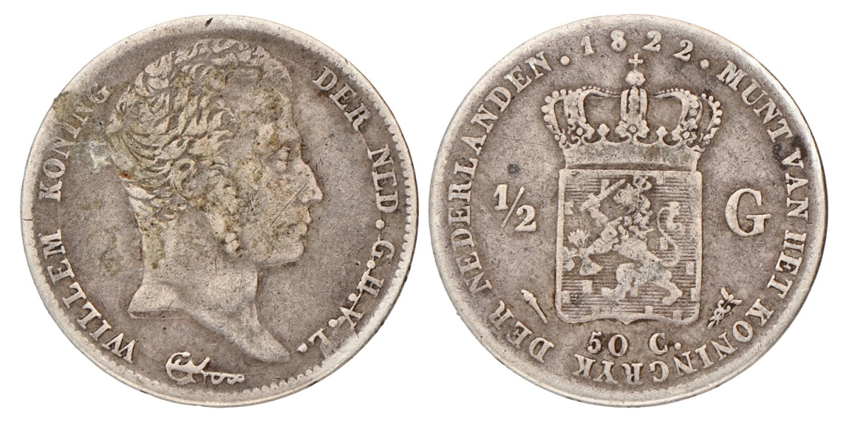 ½ gulden. Willem I. 1822 U zonder naam Michaut. Fraai +.