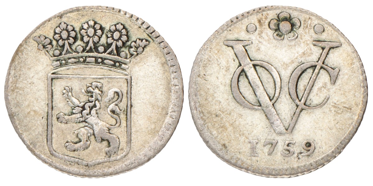Halve Duit afslag in zilver. V.O.C. (Holland). 1759. Zeer Fraai.
