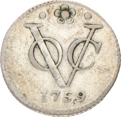 Halve Duit afslag in zilver. V.O.C. (Holland). 1759. Zeer Fraai.