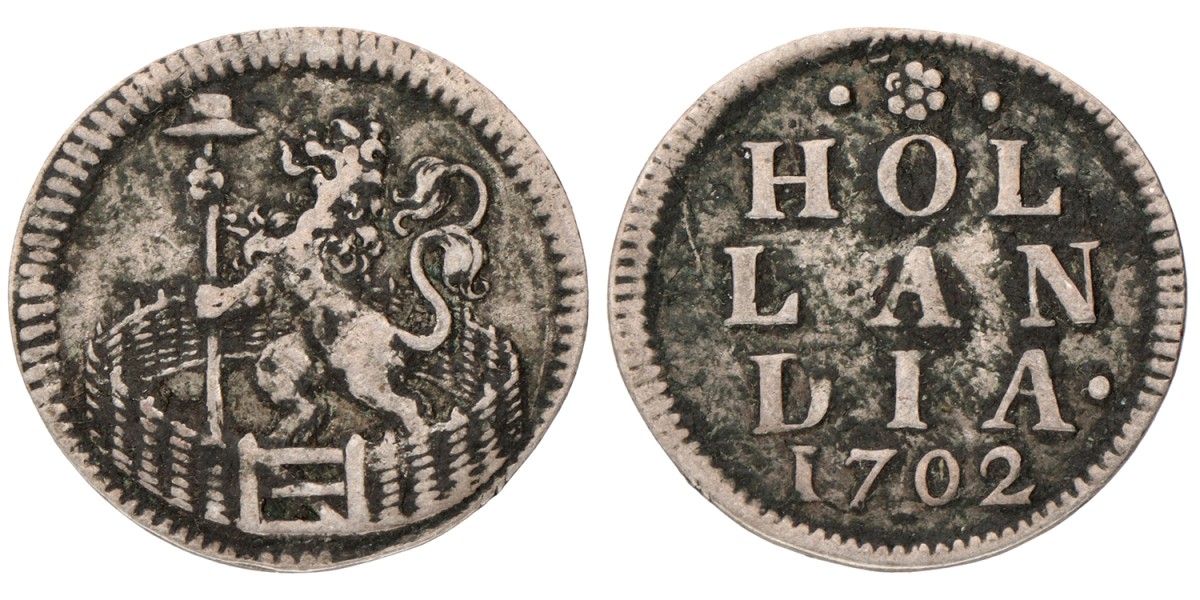 Duit afslag in zilver. Holland. 1702. Zeer Fraai -.